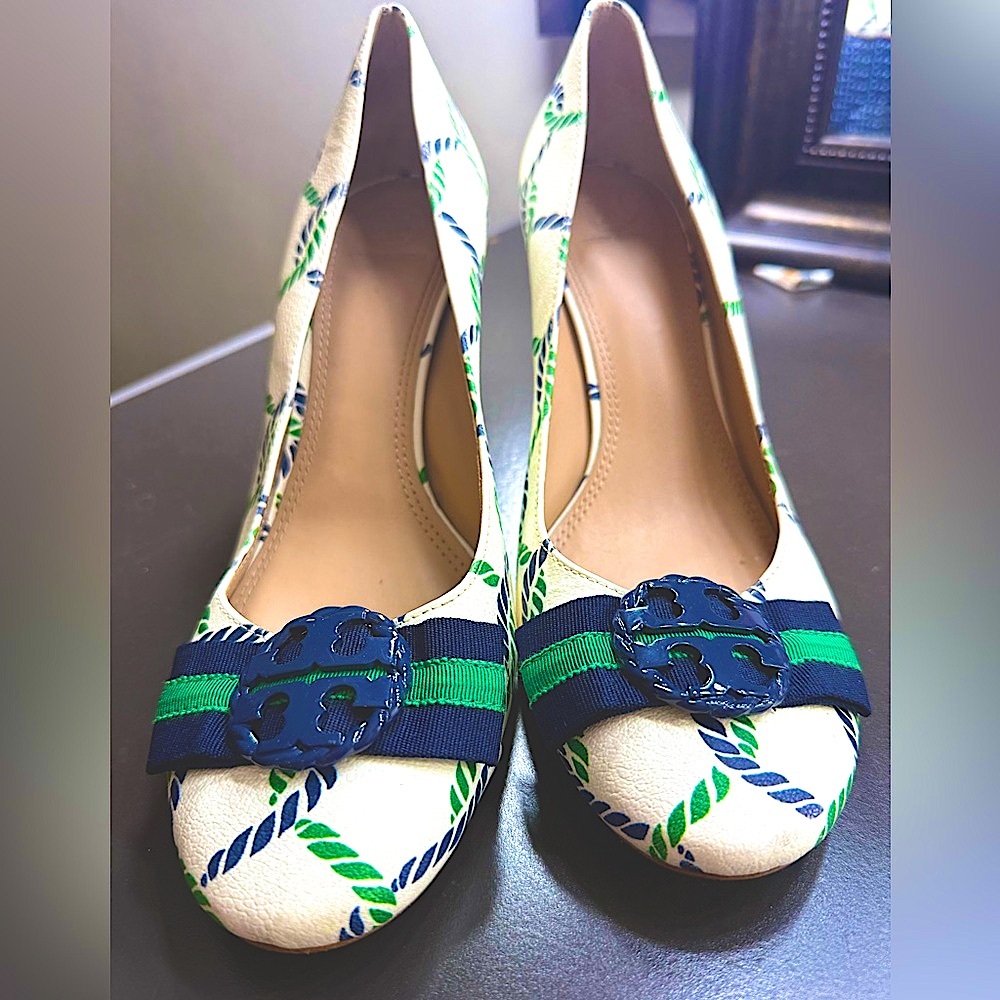 Tory Burch Cream Heels with Navy and Green Design